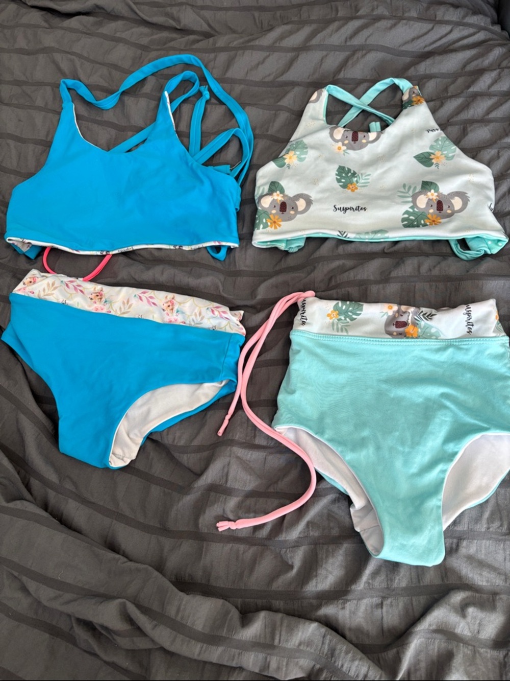 Girls' Two-Piece Swim Sets in Aqua and Light Teal with Koala Print